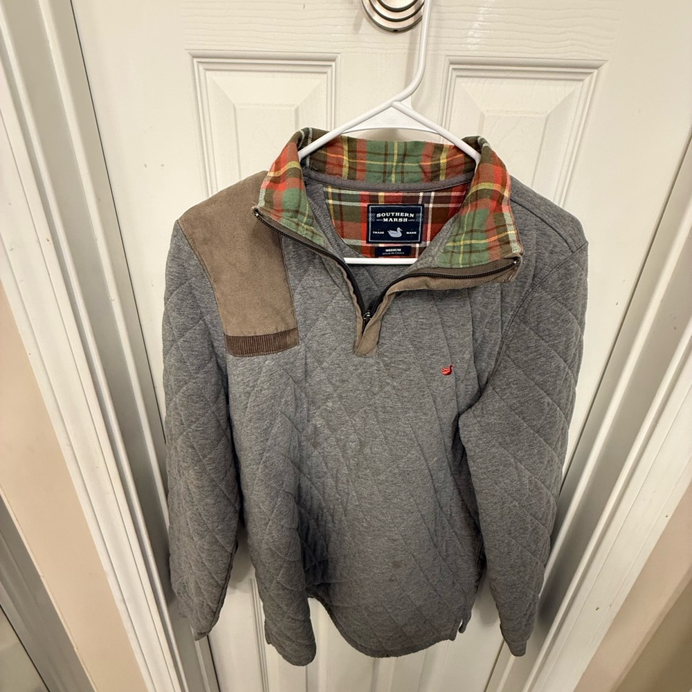 Southern Marsh Gray/Colorful Quilted Pullover with Plaid Accents